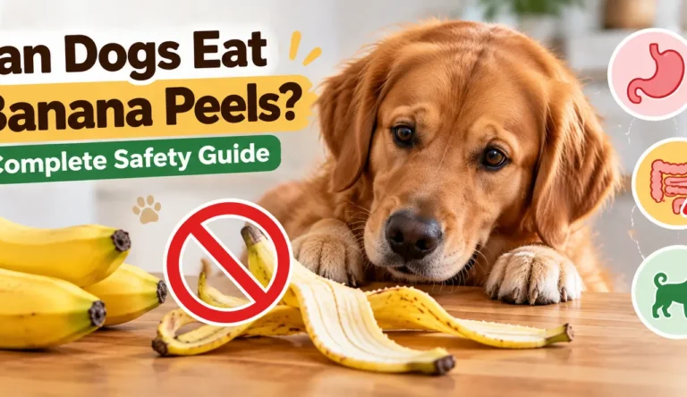 Golden retriever looking at banana peels, illustrating the risks of dogs eating banana peels