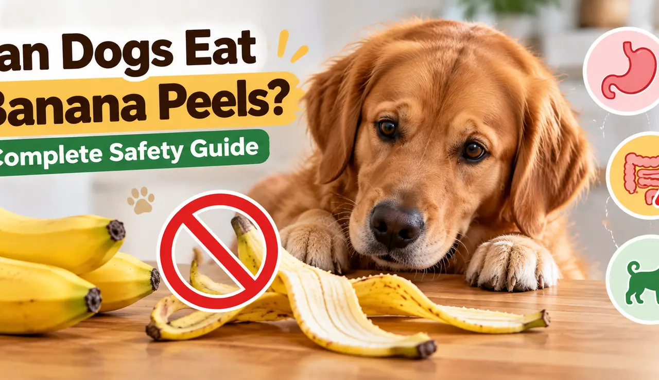 Golden retriever looking at banana peels, illustrating the risks of dogs eating banana peels