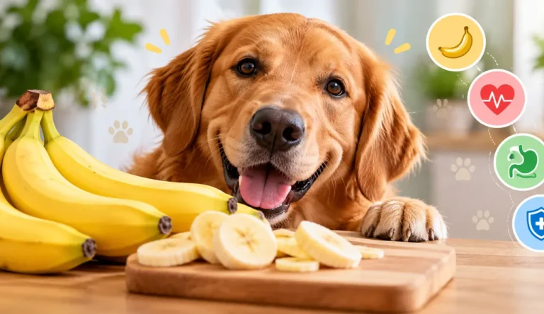 Happy golden retriever with bananas and banana slices, illustrating whether dogs can safely eat bananas