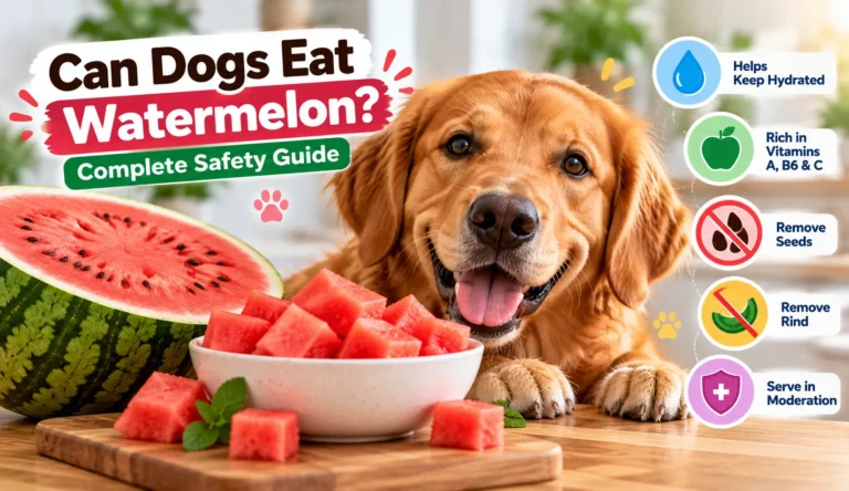 Dog eating seedless watermelon pieces, showing safe serving and watermelon safety tips for dogs