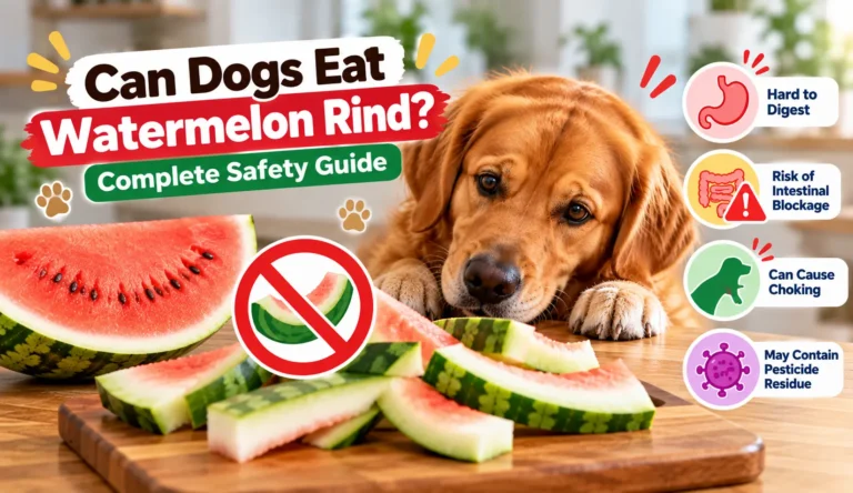 Golden retriever with watermelon rind illustrating choking and intestinal blockage risks for dogs
