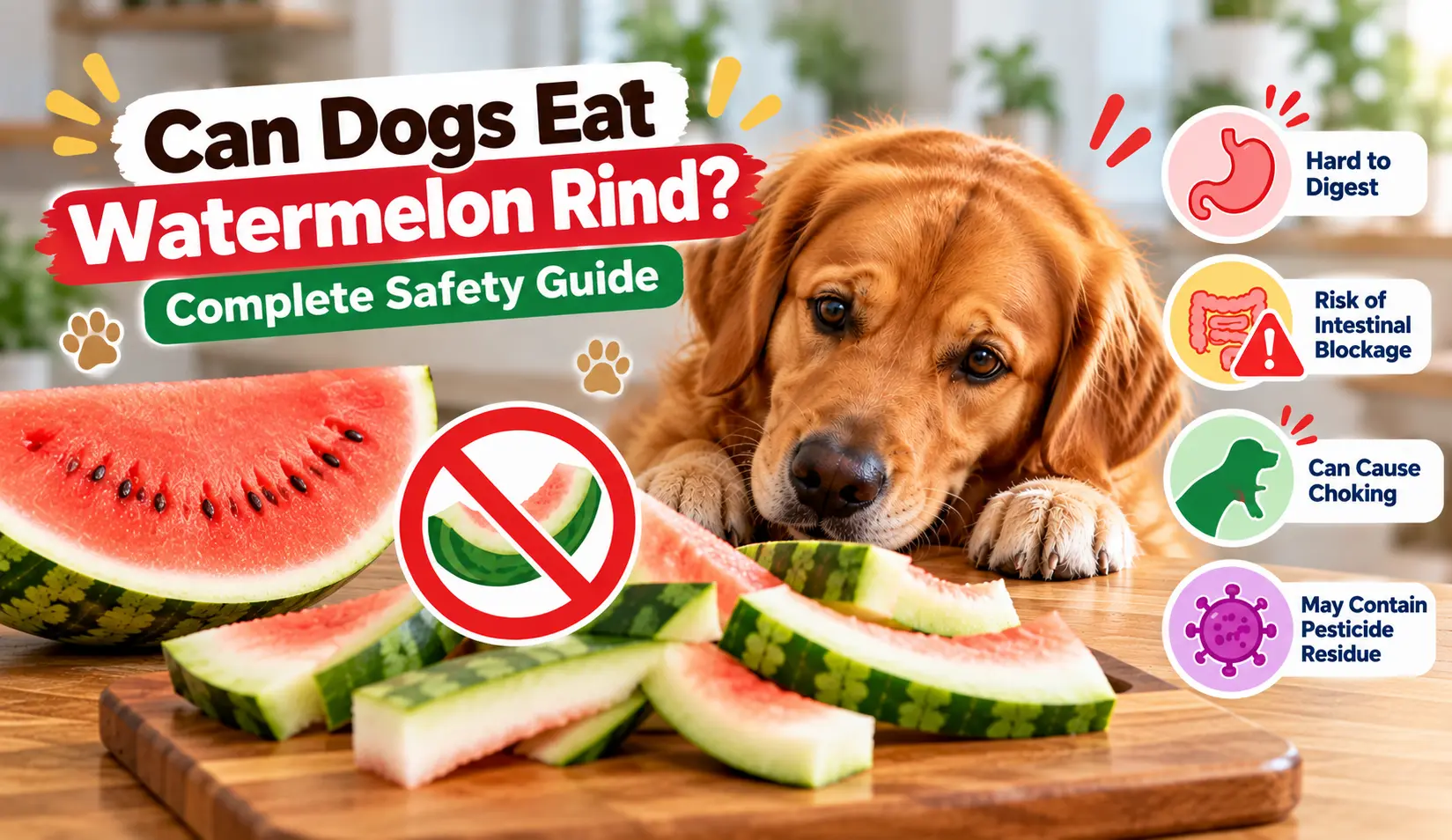 Golden retriever with watermelon rind illustrating choking and intestinal blockage risks for dogs
